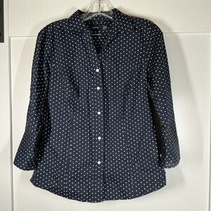 Nautica Women's 100% Cotton Wrinkle Resistant Navy Polka Dot Button Down M Prep